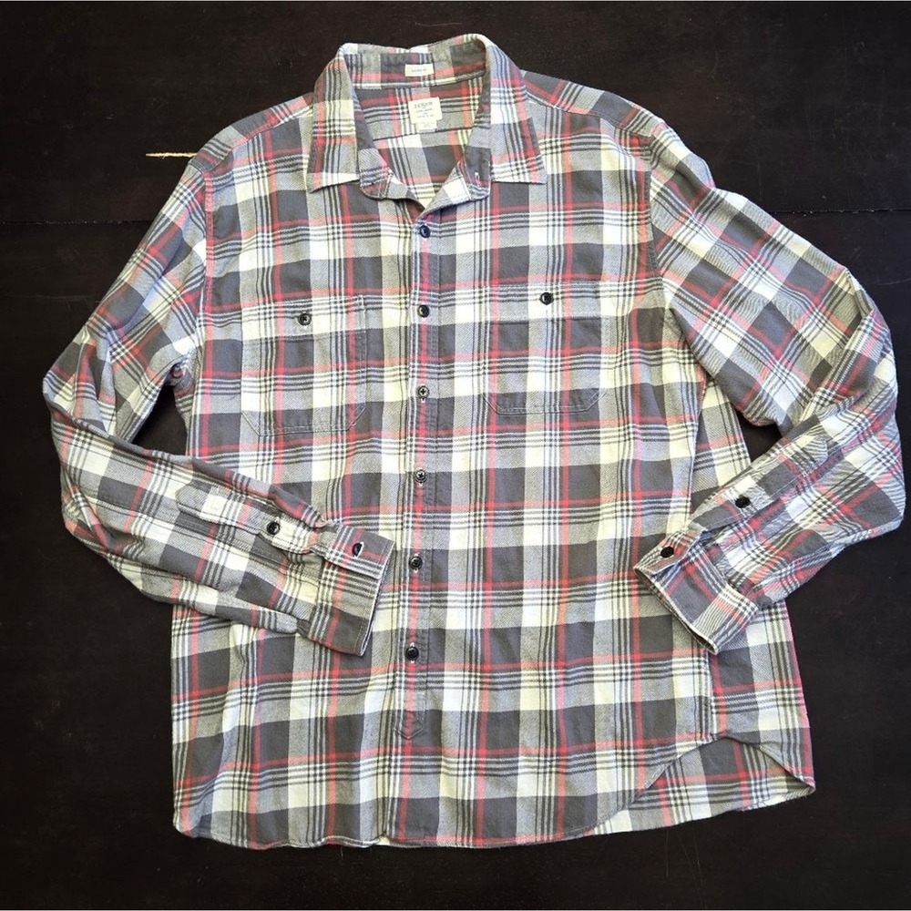 J. Crew Mens Tailored Fit Flannel Shirt XL Grey Plaid Long Sleeve Button Down - Picture 2 of 5